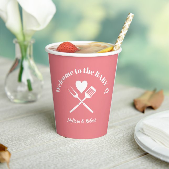 Modern Solid Pink BABY-Q Baby Shower BBQ Paper Cups (Insitu)