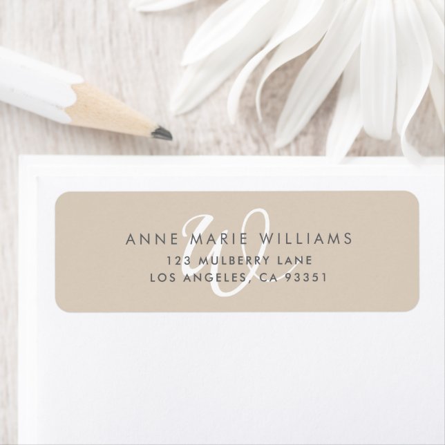 Modern Solid Tan White Script Monogram Return Address Label (Insitu)