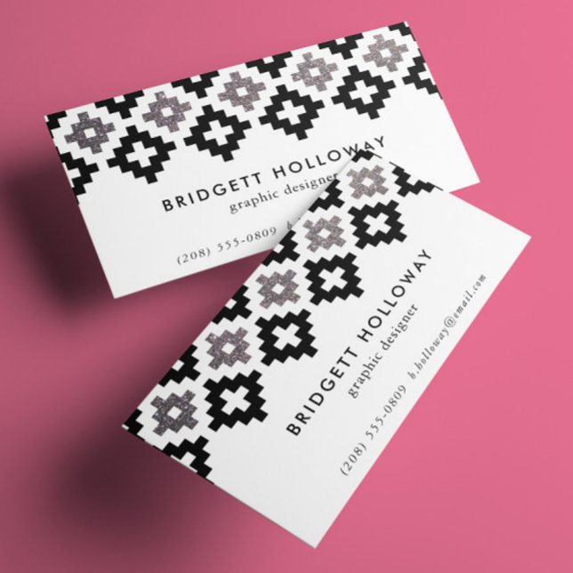 Modern Southwest Blanket Black Faux Silver Glitter Business Card (black and faux silver glitter geometric Southwestern boho motif business cards)