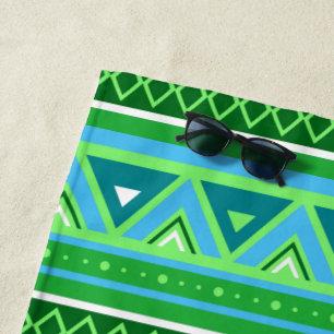 Modern Southwestern Geometric, Green and Aqua Beach Towel