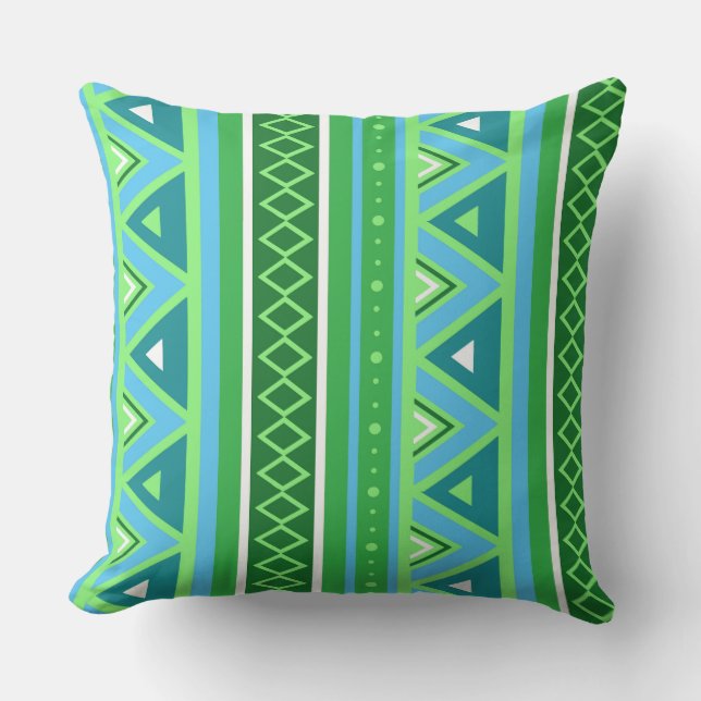 Modern Southwestern Geometric, Green and Aqua Outdoor Cushion (Front)