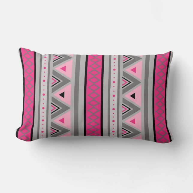 Modern Southwestern Geometric, Pink and Grey Lumbar Cushion (Front)
