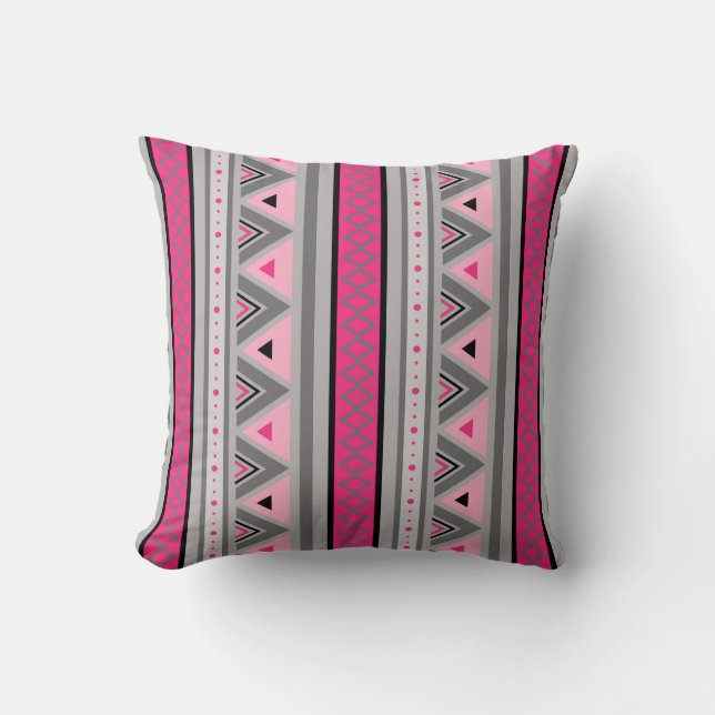 Modern Southwestern Geometric, Pink and Grey Throw Cushion (Front)