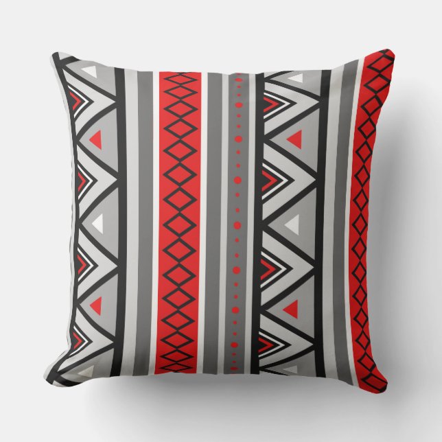 Modern Southwestern Geometric, Red & Grey / Grey Outdoor Cushion (Front)