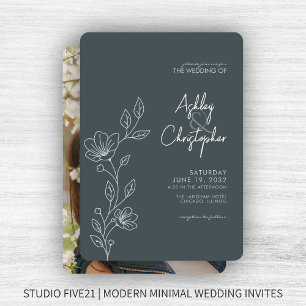 Modern Space Grey Foliage Outline Photo Wedding Invitation