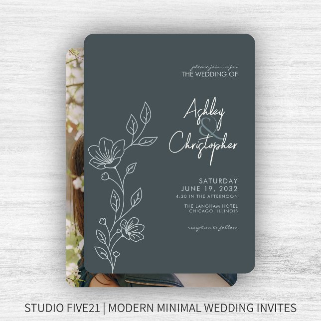 Modern Space Grey Foliage Outline Photo Wedding Invitation (Creator Uploaded)