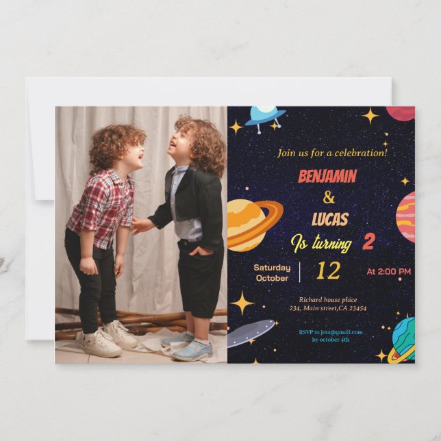 Modern Space twins boy birthday party invitation (Front)