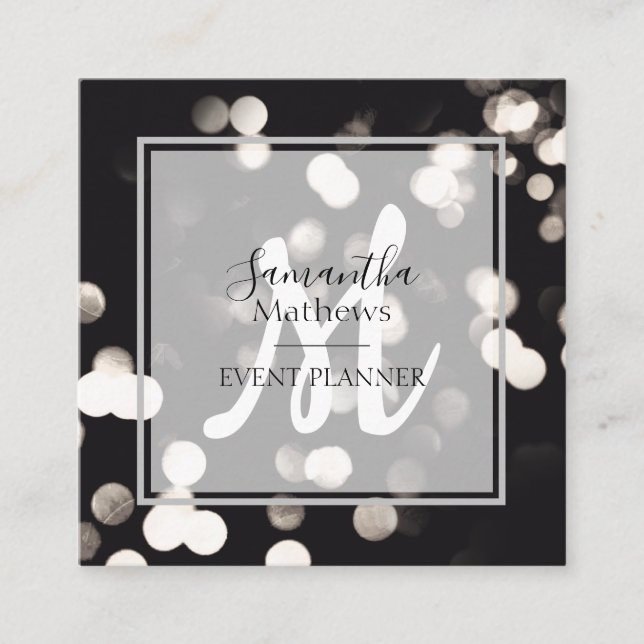 Modern Sparkle Black and White Event Planner Squar Square Business Card (Front)