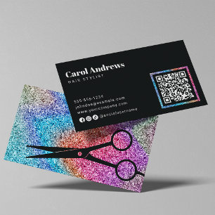 Modern Sparkle Black Hair Salon QR Code Business Card