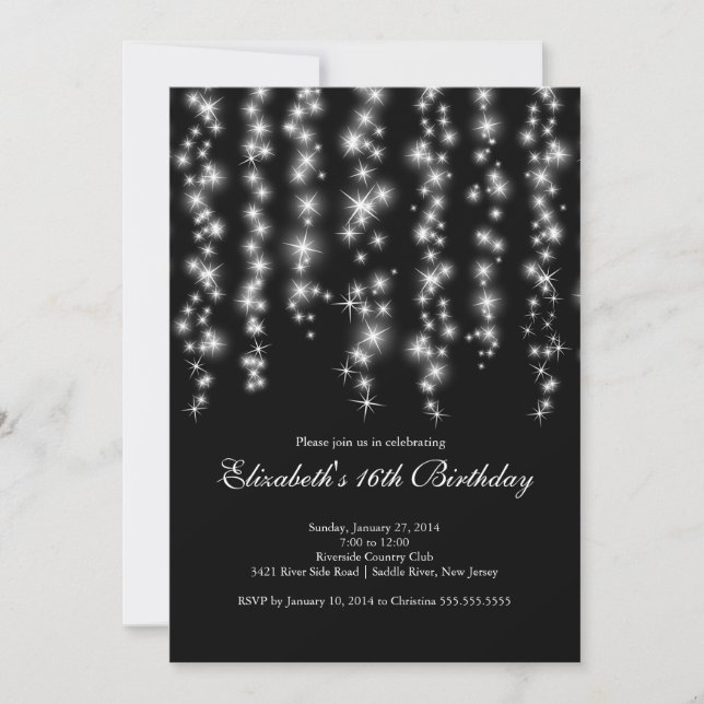 Modern Sparkle Black Sweet Sixteen Birthday Party Invitation (Front)