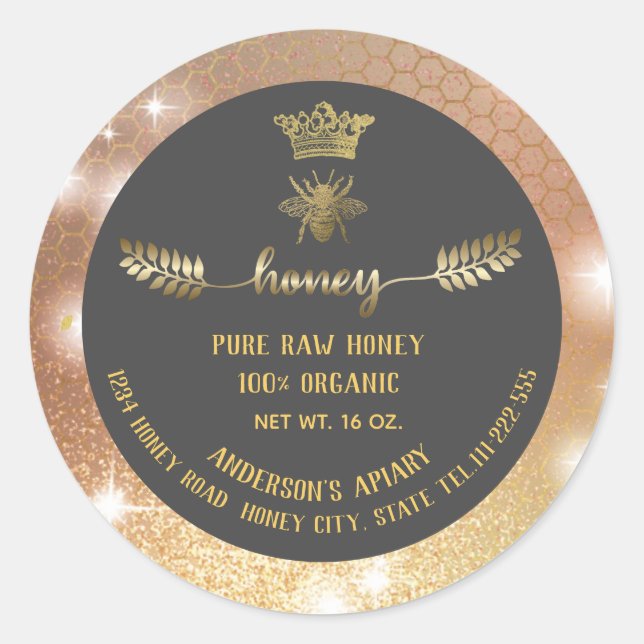 Modern sparkle gold bee crown honeycomb honey jar classic round sticker (Front)