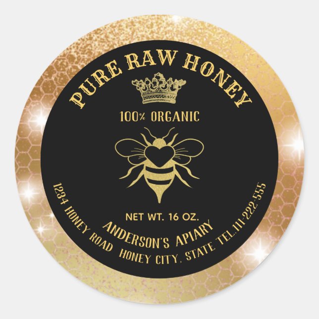 Modern sparkle gold queen bee honeycomb honey jar classic round sticker (Front)