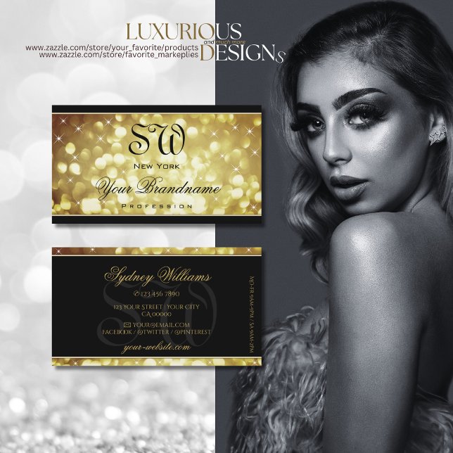 Modern Sparkle Golden Glitter Stars Monogram Black Business Card (Creator Uploaded)