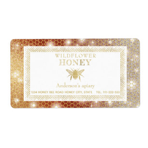 Modern sparkle honey comb gold bee honey jar label