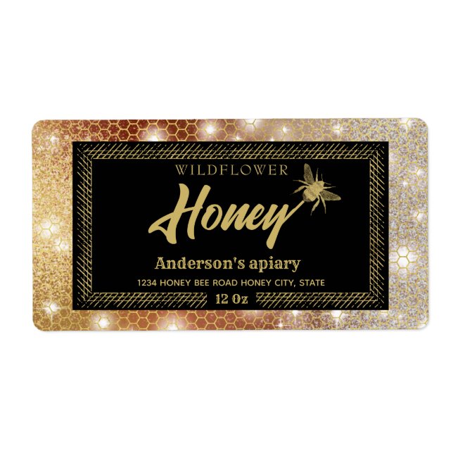 Modern sparkle honeycomb gold bee honey jar label (Front)