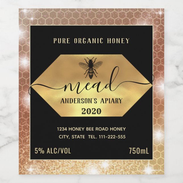 Modern sparkle honeycomb mead honey bee wine label (Single Label)