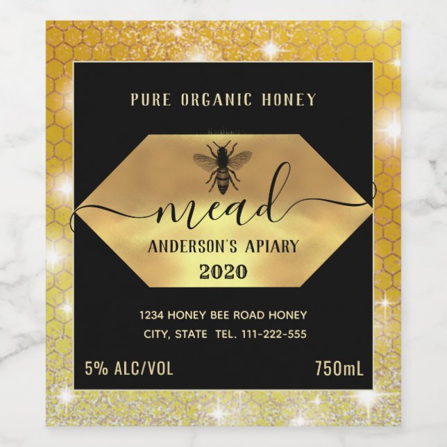 Modern sparkle honeycomb mead honey bee wine label (Single Label)