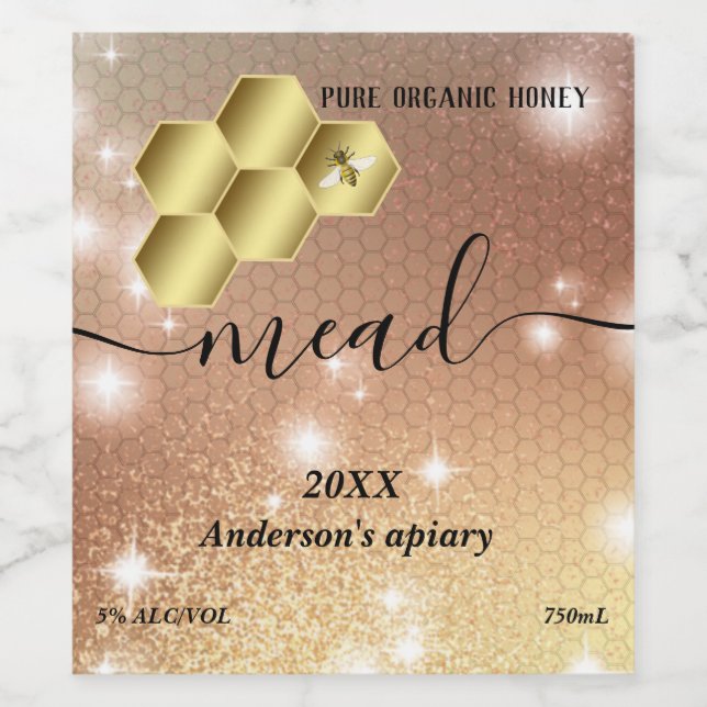 Modern sparkle honeycomb mead wine label (Single Label)