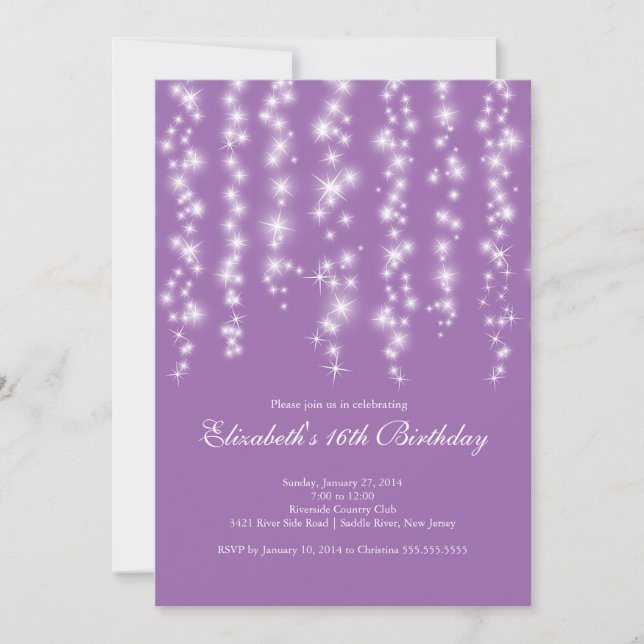 Modern Sparkle Purple Sweet Sixteen Birthday Party Invitation (Front)