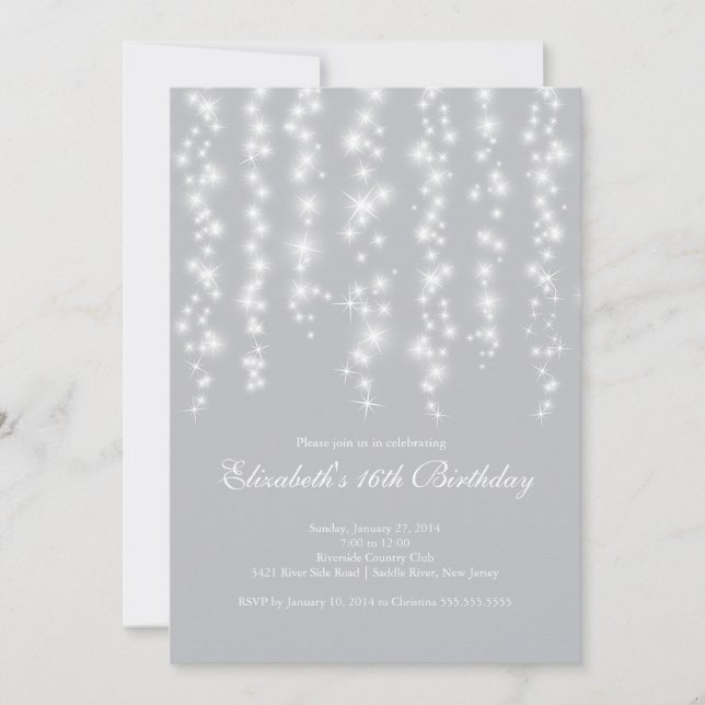 Modern Sparkle Silver Sweet Sixteen Birthday Party Invitation (Front)