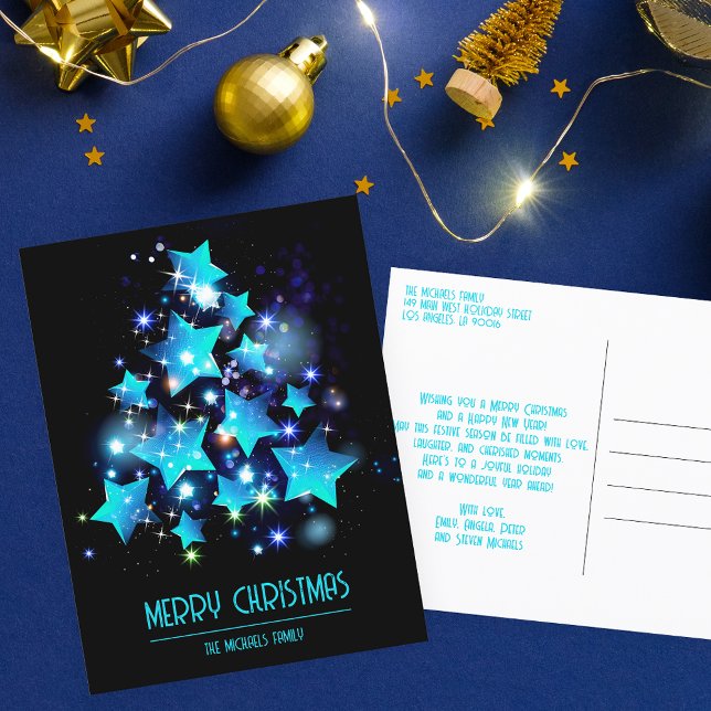 Modern Sparkling Blue Star Christmas Tree Holiday Postcard (Creator Uploaded)