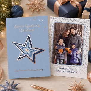 Modern Sparkling Christmas Star Family Photo Rose  Foil Holiday Card
