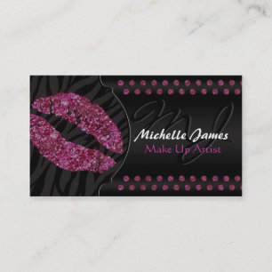 Modern Sparkling Zebra Monogram Make Up Artist Business Card