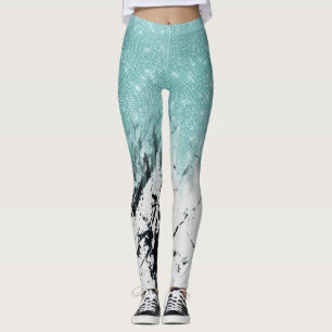 Modern Sparkly Aqua White Marble Glitter Gradient Leggings