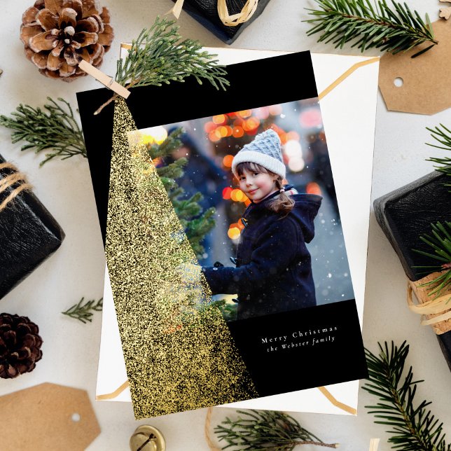 Modern speckle Christmas tree black one photo  Foil Holiday Card (Creator Uploaded)