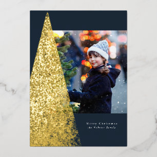 Modern speckle Christmas tree navy one photo Foil Holiday Card