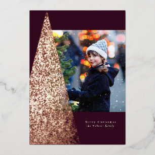 Modern speckle Christmas tree plum unique photo Foil Holiday Card