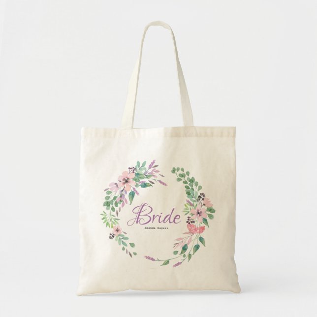 Modern Spellbound Flowers Wreath Bride Typography Tote Bag (Front)