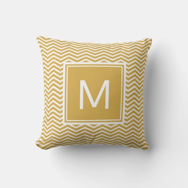 Modern Spicy Mustard Yellow Chevrons and Monogram Cushion (Front)