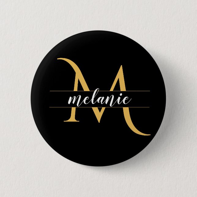 Modern Split Monogram Gold Black Custom Name 6 Cm Round Badge (Front)