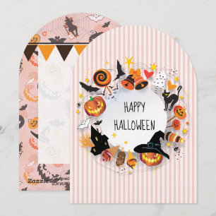 Modern Spooky Pink Stripes Halloween Pumpkin Holiday Card