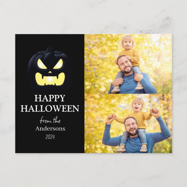 Modern Spooky Pumpkin Script Halloween Photo Holiday Postcard (Front)