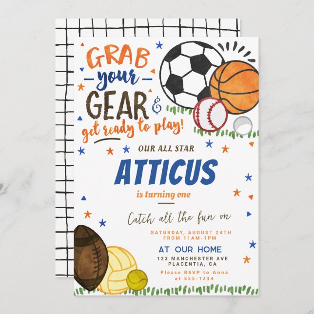 Modern Sports All Star birthday Party Invitation (Front/Back)