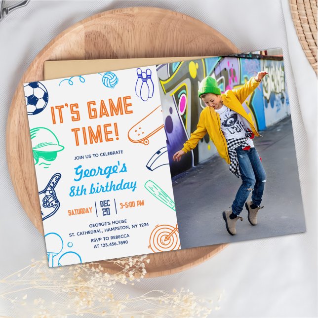Modern Sports It's Game Time! Kids Birthday Photo Invitation (Creator Uploaded)