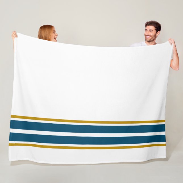 Modern Sporty Ocean Blue Racing Stripes On White Fleece Blanket (In Situ)