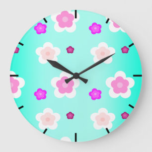 Modern Spring aqua gradient purple flora pattern Large Clock
