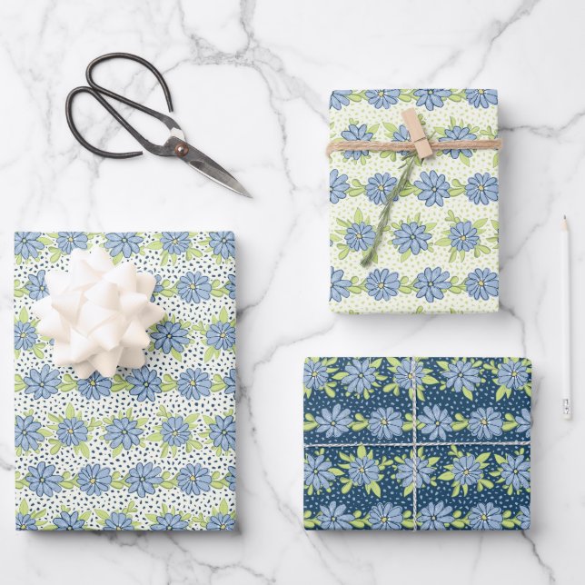 Modern Spring Blue Flowers Floral Wrapping Paper Sheet (Front)