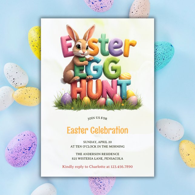 Modern Spring Bunny Easter Egg Hunt Party Invitation (Adorable Easter Egg Hunt Invitation with Bunny and Colorful Design)