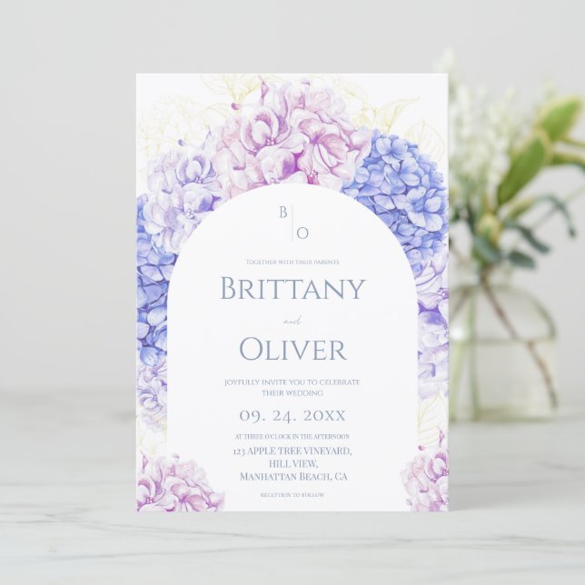 Modern Spring Dusty Blue & Lilac Floral Wedding  Invitation (Standing Front)