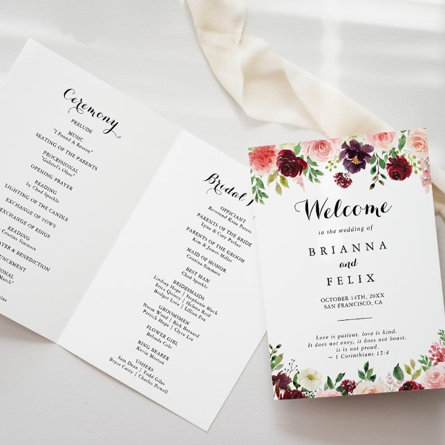 Modern Spring Floral Calligraphy Folded Wedding Program (Creator Uploaded)