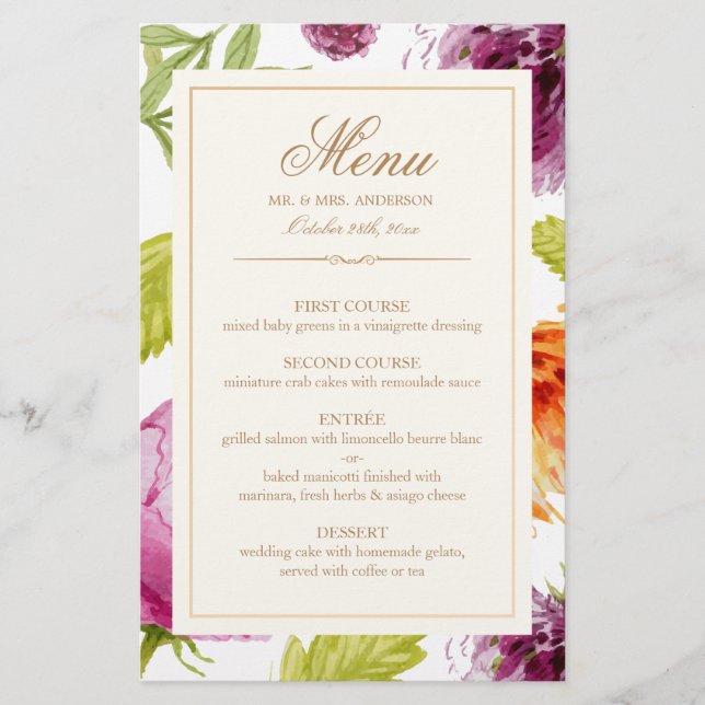 Modern Spring Floral Easy Edit Wedding Dinner Menu (Front)