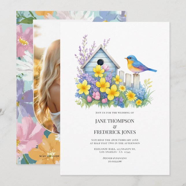Modern Spring Floral Wedding Photo and QR Code Invitation (Front/Back)