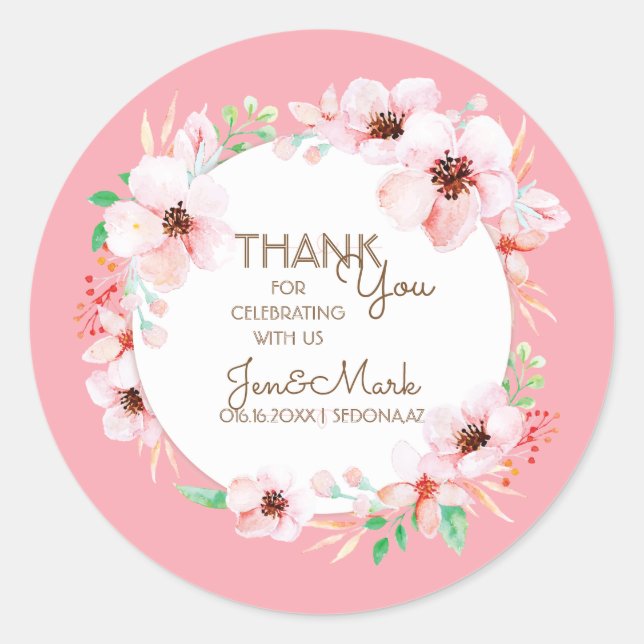 Modern Spring Floral Wedding. Thank You. Classic Round Sticker (Front)