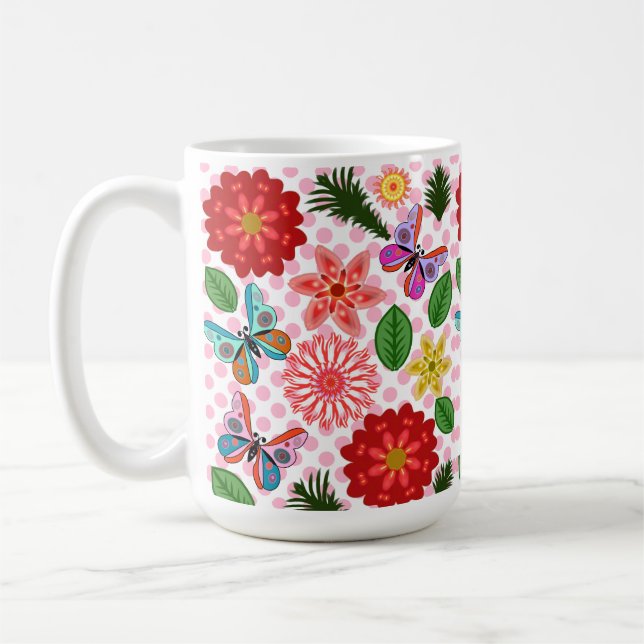 Modern Spring Garden Butterfly Floral  Coffee Mug (Left)