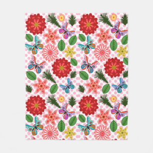 Modern Spring Garden Butterfly Floral Fleece Blanket