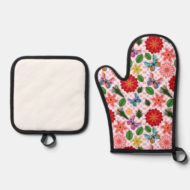 Modern Spring Garden Butterfly Floral  Oven Mitt & Pot Holder Set (Front)